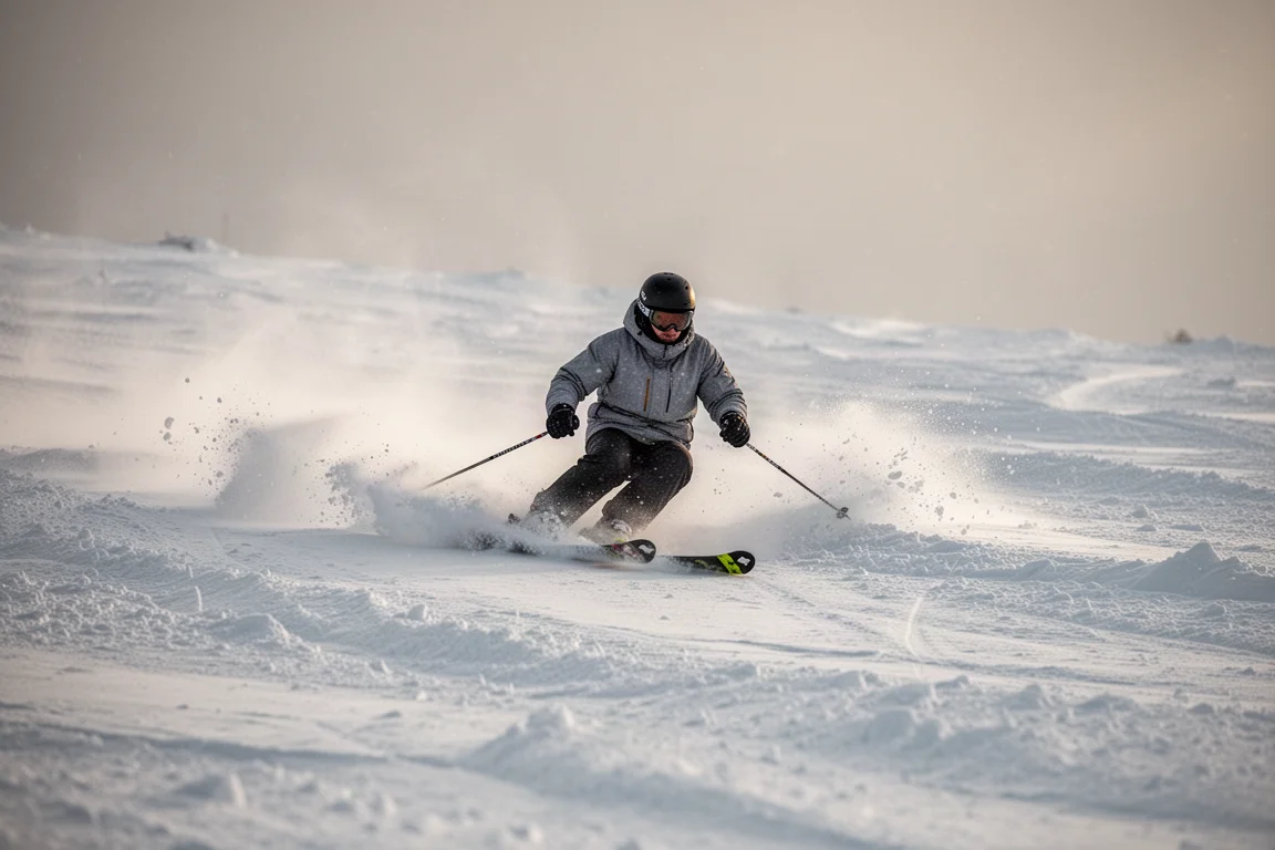 Skier making short measured turns through chopped snow on an open slope