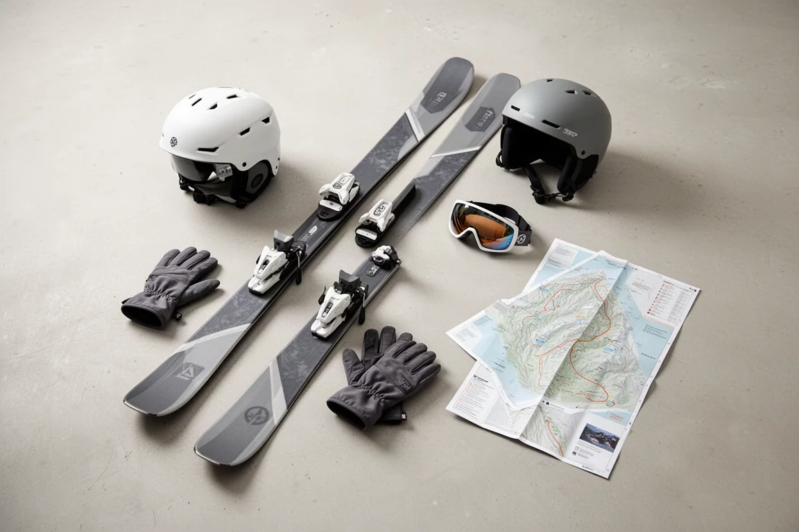 Overhead flat lay of twin tip skis, helmet, goggles and gloves on concrete
