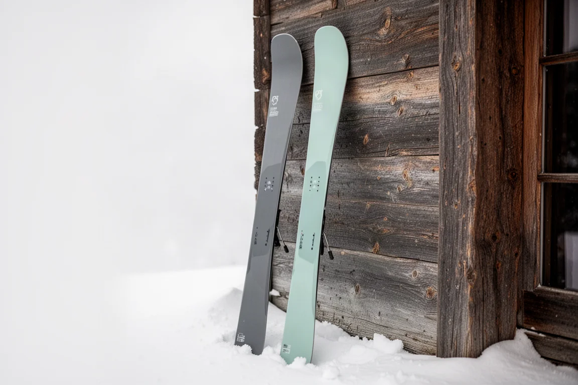 Pair of all-mountain twin tip skis leaning against a wooden lodge wall in snow