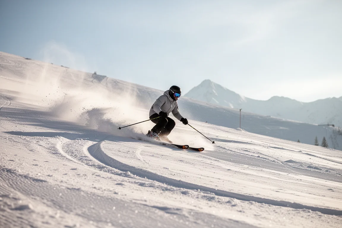 Skiër maakt korte carved bochten op een geprepareerde piste in het ochtendlicht