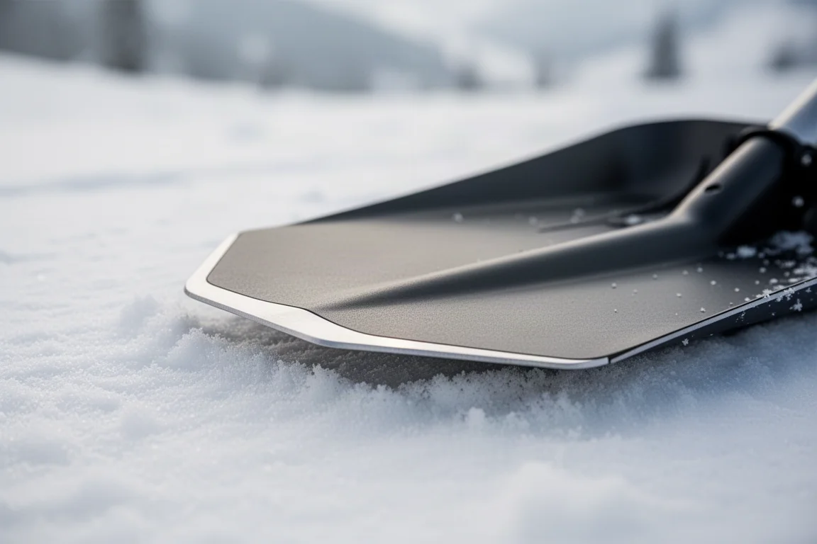 Detailopname van de getaperde ski-tip op vastgewalste sneeuw