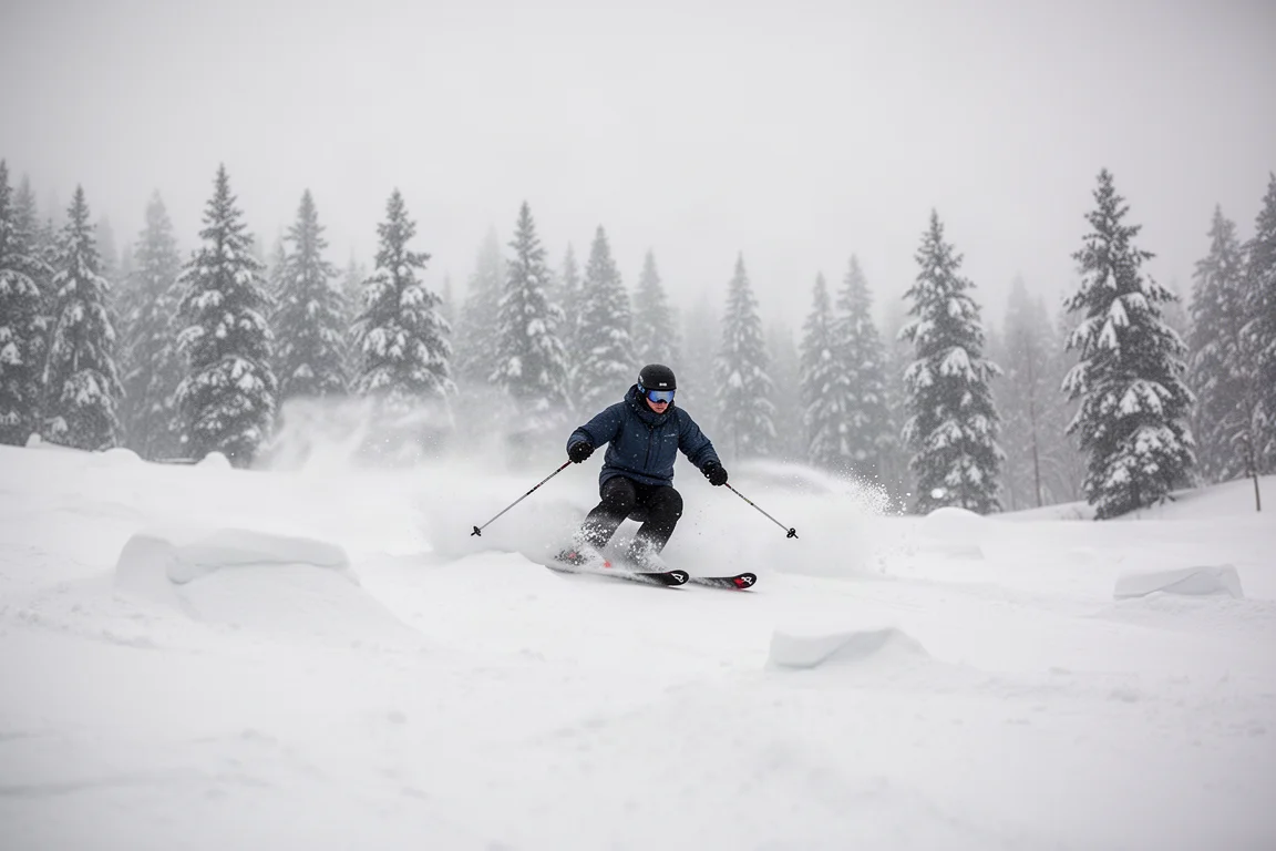 Skiër manoeuvreert over een zachte heuvelachtige helling met bomen op de achtergrond