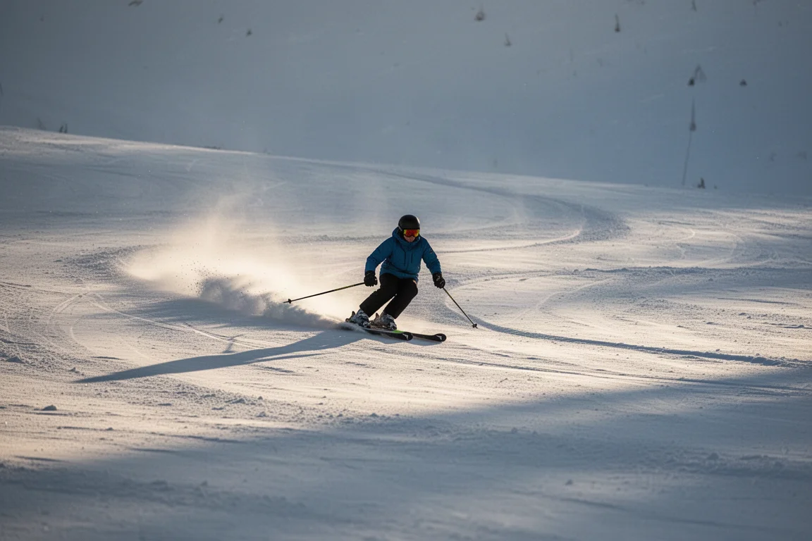 Skiër maakt een soepele bocht af op vastgewalste sneeuw in zacht middaglicht