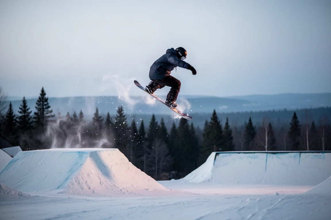 Snowboarder rotating mid-air above a park jump at dusk with snow spray