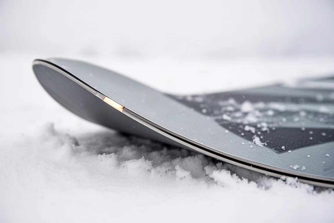 Close-up of a snowboard tail tip resting on packed snow
