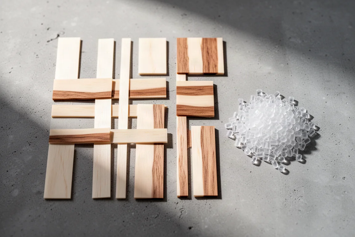 Overhead flat lay of core wood strips and recycled plastic pellets on concrete