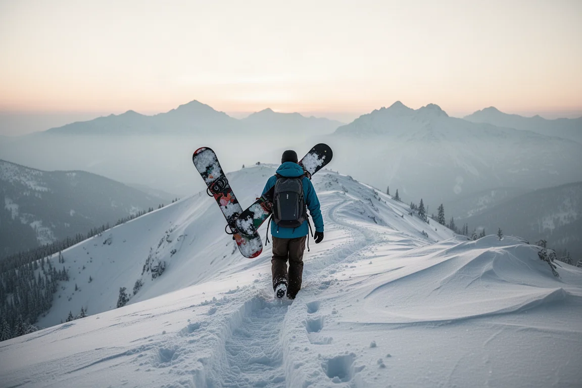 Snowboarder hiking a snowy ridge at first light with board on shoulder