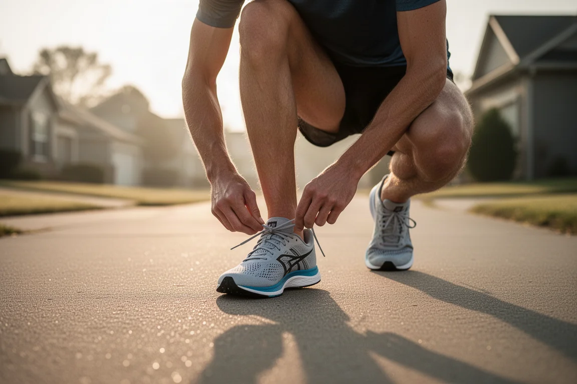 Runner che allaccia una scarpa da gara leggera sul marciapiede prima di una seduta di velocità