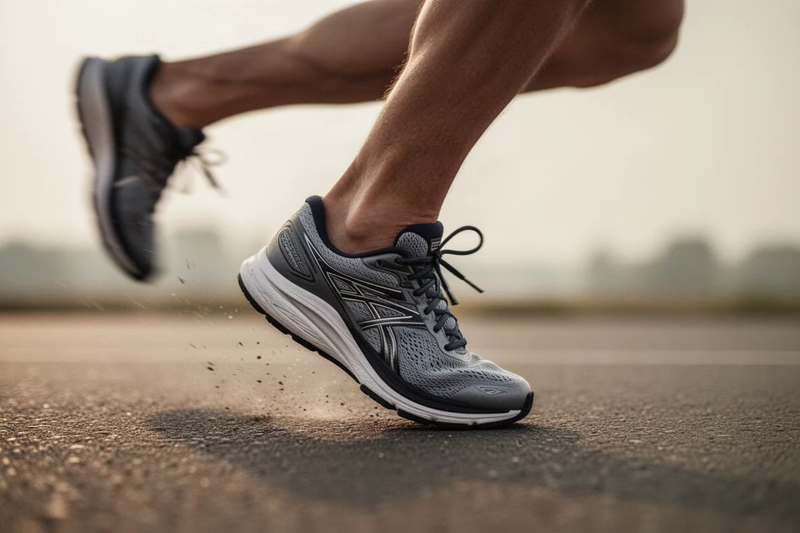 Primo piano dell'appoggio dell'avampiede di un runner durante una seduta di intervalli veloci su asfalto