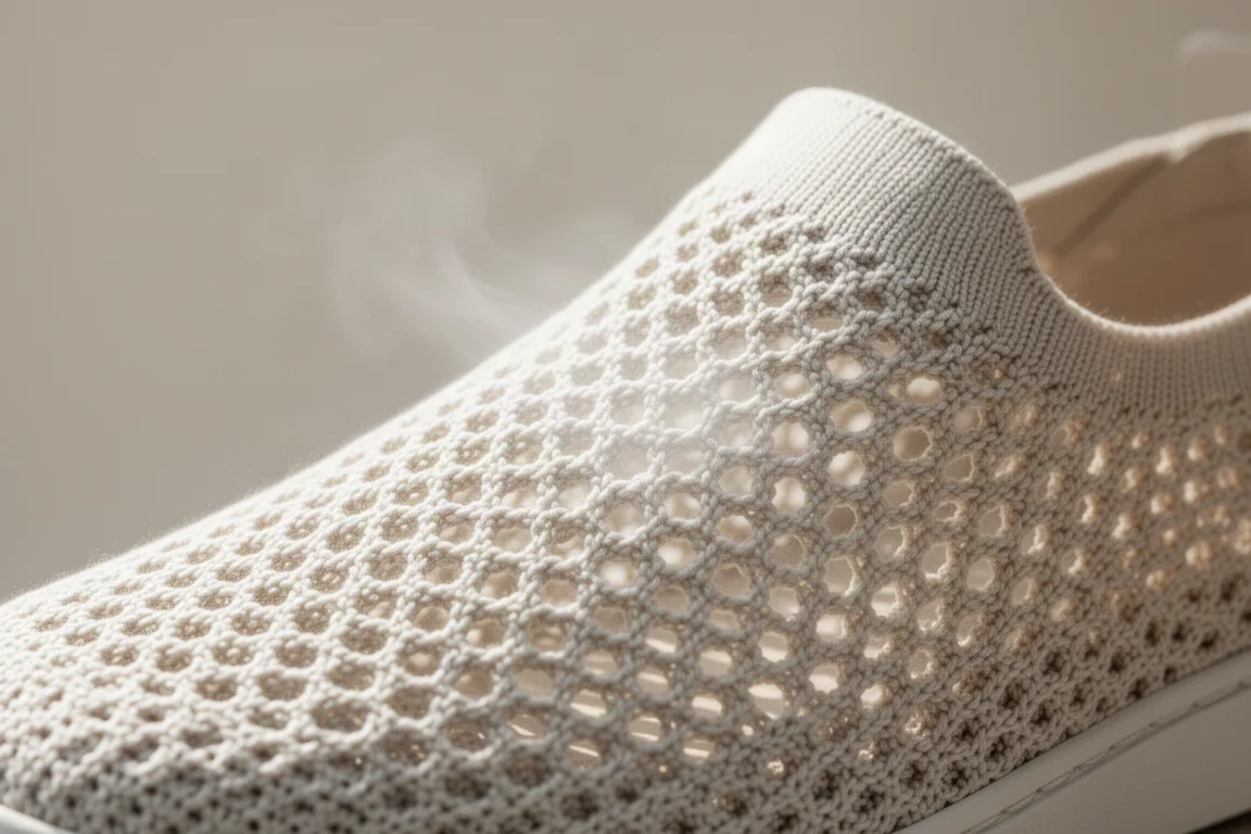 Tecnologia maglia knitting della tomaia di una scarpa da gara con flusso d'aria visibile a piena luce del giorno