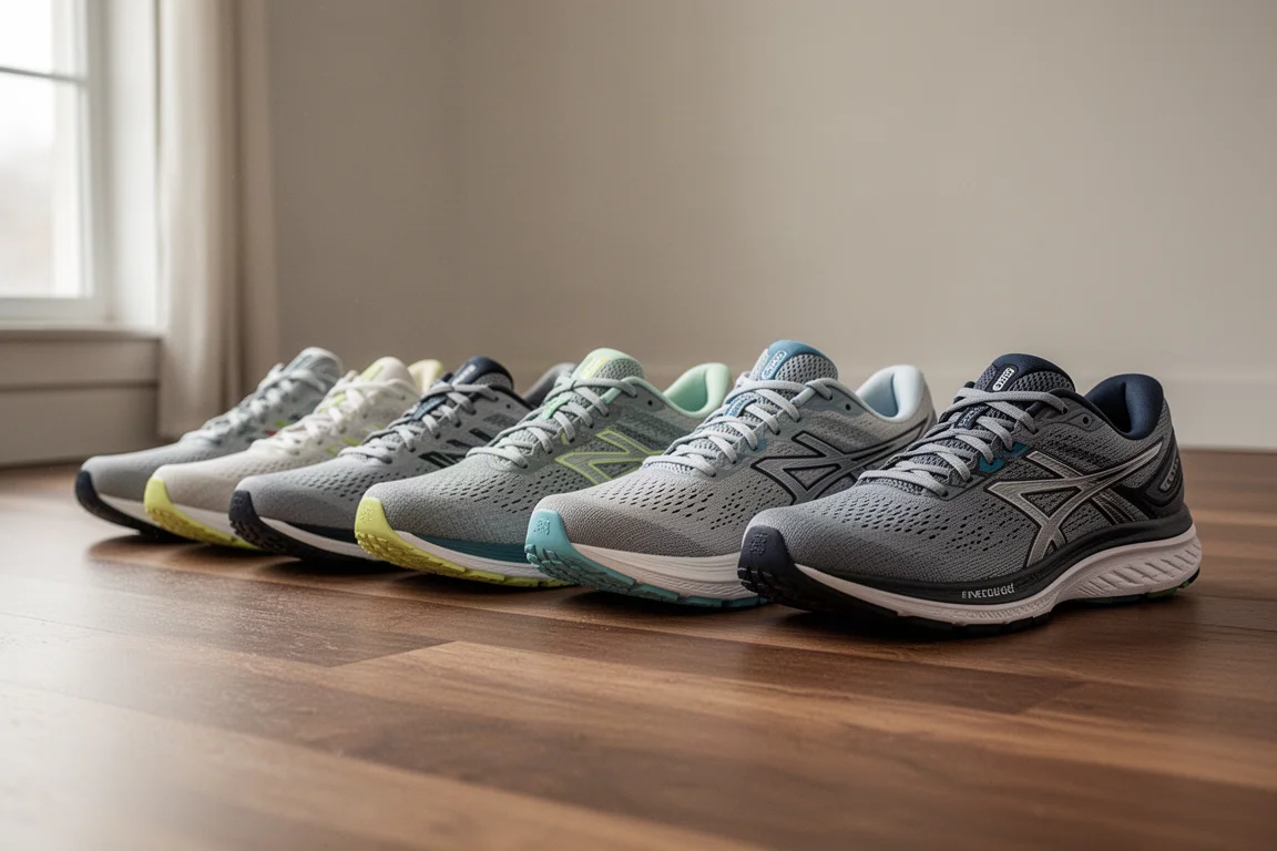 Raccolta di scarpe da running allineate su un pavimento di legno per un confronto