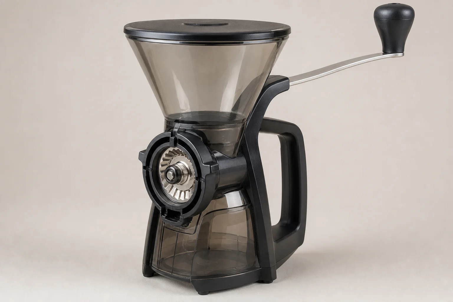 Seven premium hand coffee grinders arranged on concrete surface