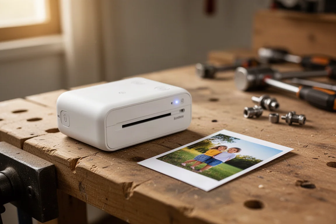 Kompakt fotoprinter på en arbetsbänk bredvid ett utskrivet fotografi