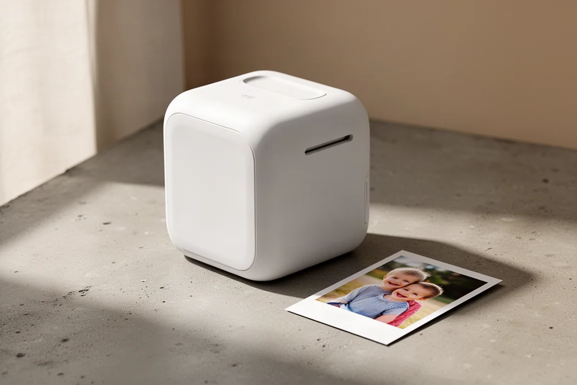 Compact white instant photo printer beside a printed 4x6 photograph on concrete