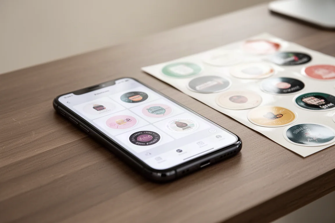 Pantalla de la app del móvil organizando pegatinas personalizadas antes de imprimir