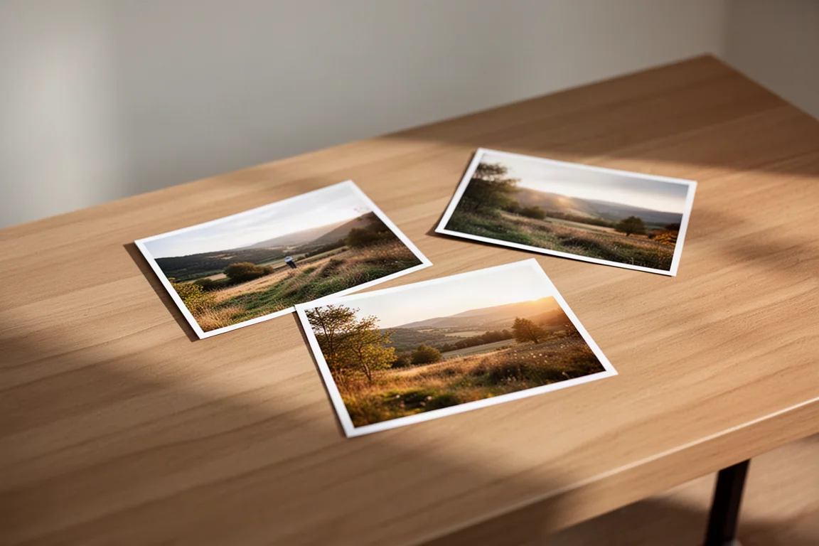 Pequeñas copias de fotos impresas dispuestas sobre un escritorio de madera