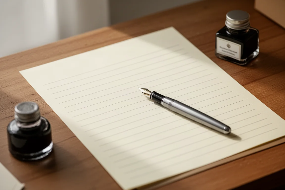 Handwritten letter in progress on cream lined paper beside a fountain pen