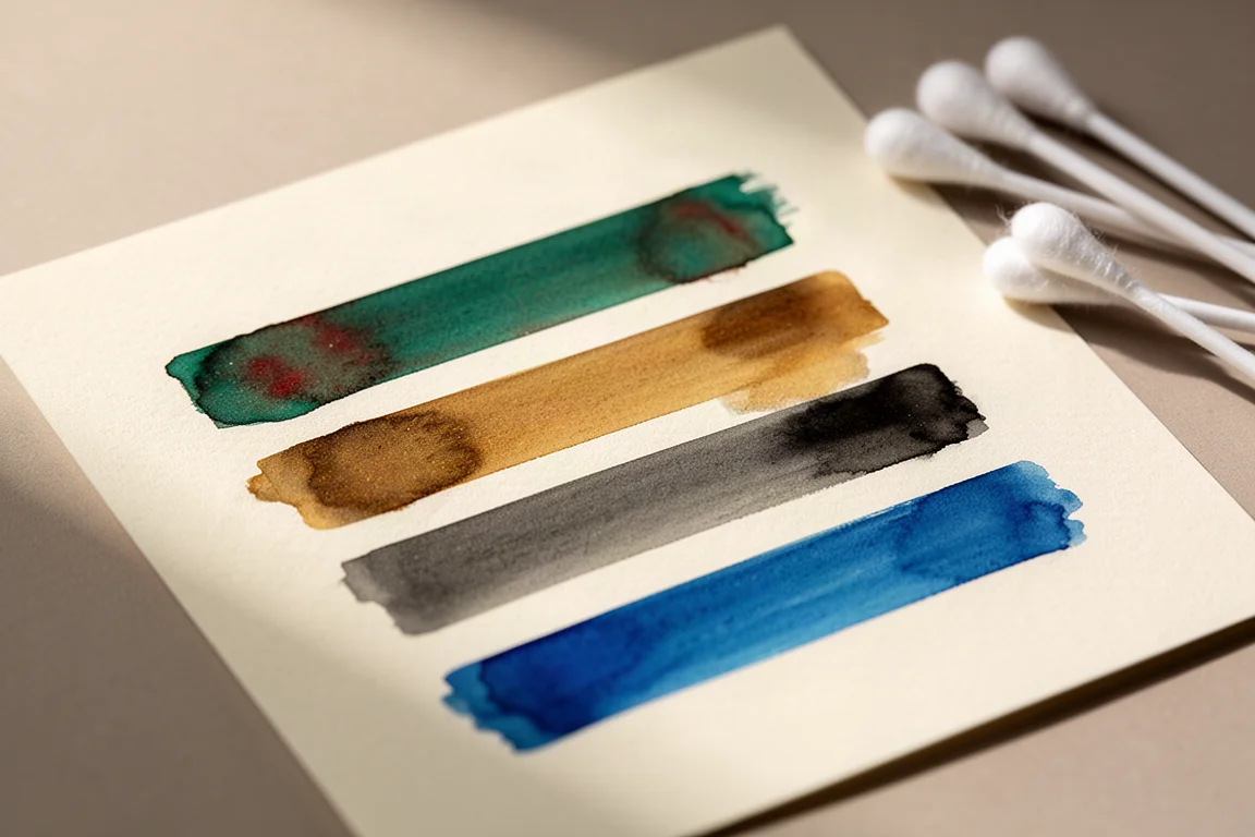 Ink swatches in teal, brown, black and blue drying on cream paper