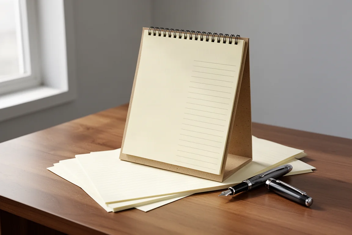 Glue-bound B5 writing pad with cream lined sheets and a fountain pen on a wooden desk