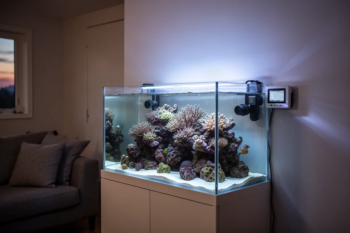 Acuario de arrecife resplandeciendo en una sala en penumbra con una pequeña pantalla digital montada en la pared cercana