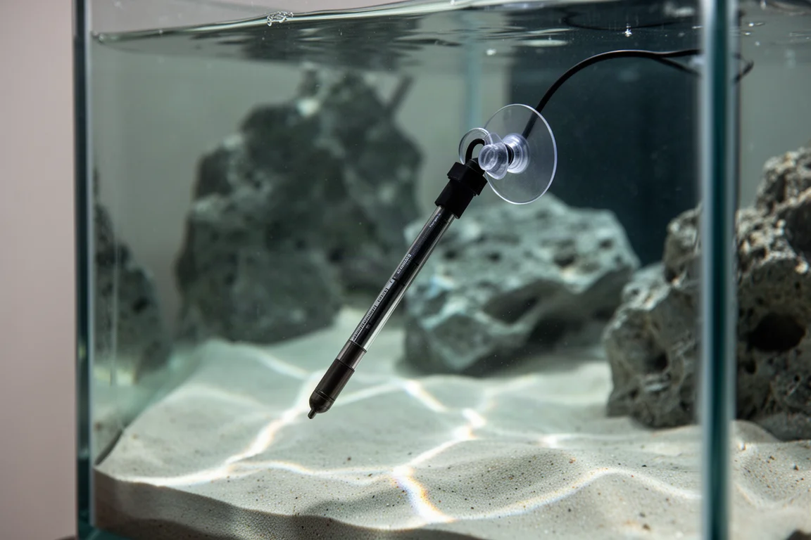 Primer plano submarino de una sonda de temperatura delgada sujeta al vidrio del acuario con una ventosa