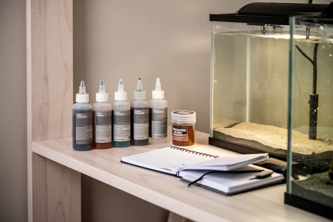 Estante ordenado de mantenimiento de acuario con botellas de dosificación, recipiente de alimento y un cuaderno junto a un tanque iluminado