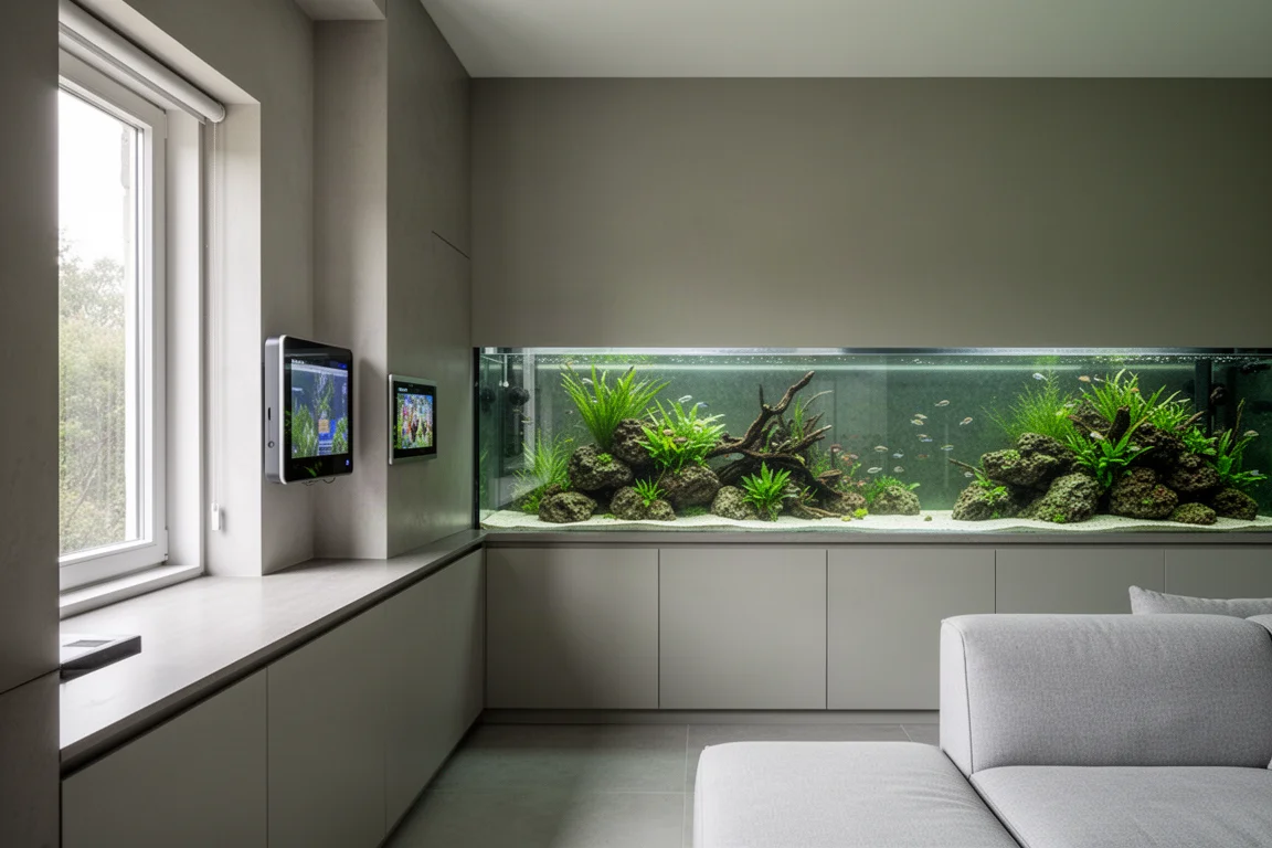 Sala tranquila con un acuario grande a lo largo de una pared y una pantalla digital compacta montada cerca