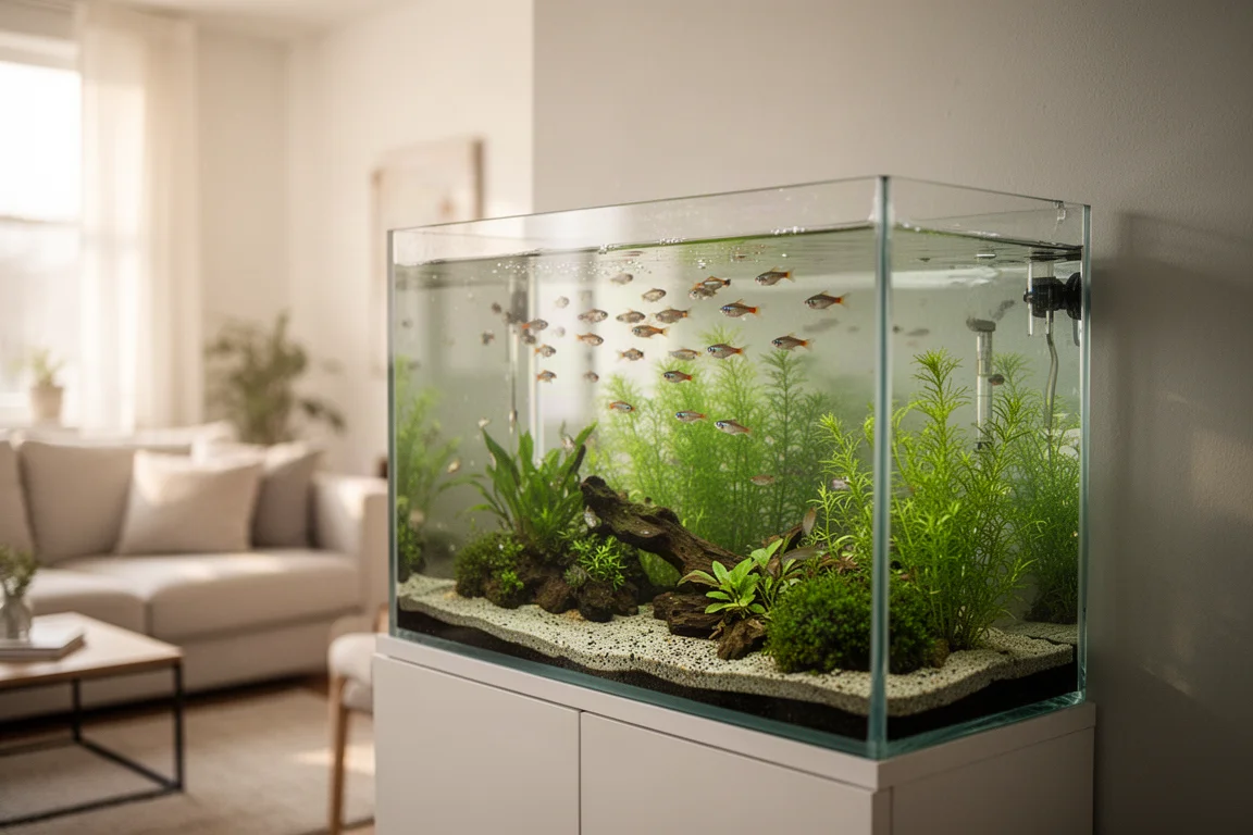 Aquarium d'eau douce planté dans la lumière du matin avec des poissons près de la surface de l'eau