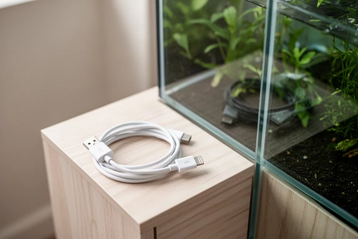 Câble de chargement USB enroulé sur une surface en bois clair à côté d'un aquarium en verre