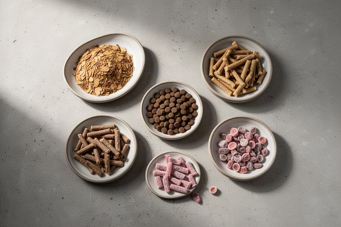Vue de dessus à plat d'aliments secs pour aquarium dans de petits plats en céramique