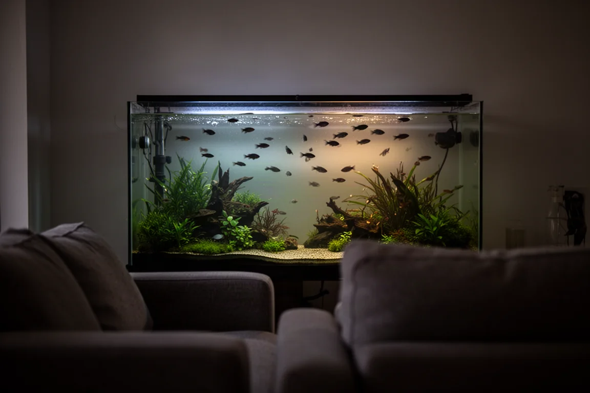 Salon sombre le soir avec un aquarium planté doucement éclairé