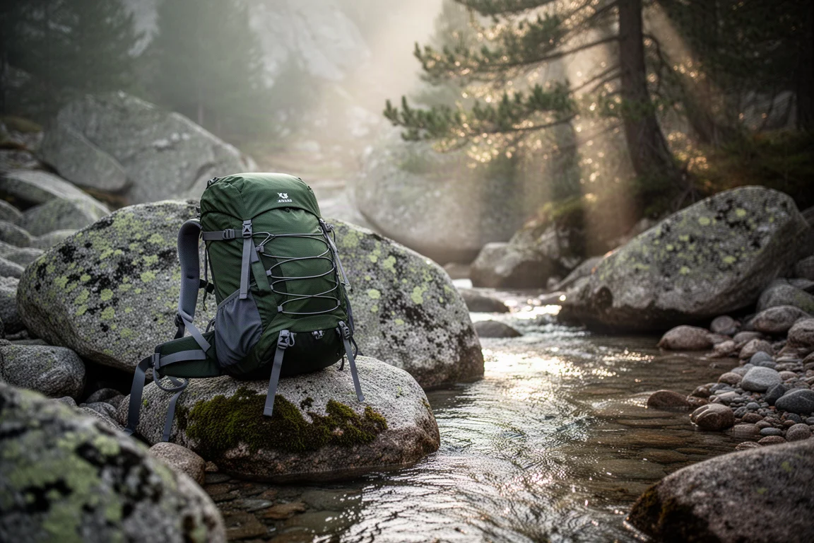 Backpack resting on mossy rocks beside a clear mountain stream in morning light