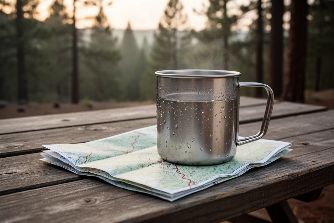 Stainless steel camping mug and trail map on a weathered wooden table at dawn