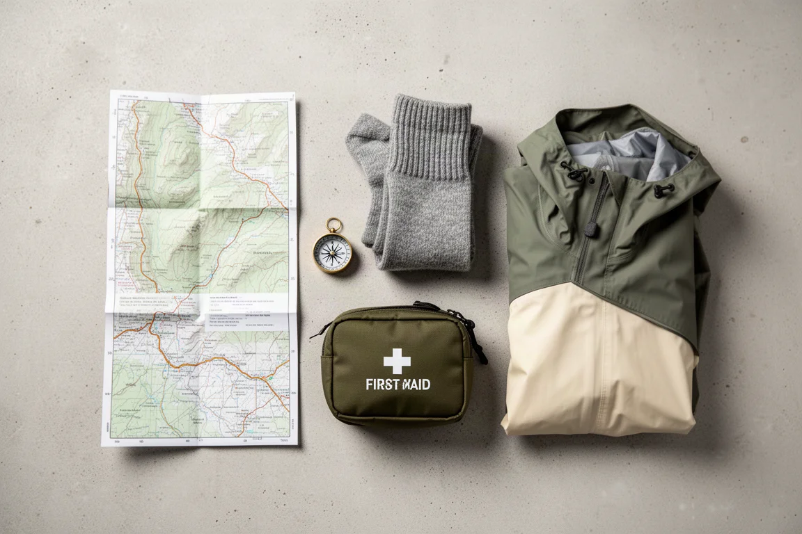 Overhead flat lay of hiking essentials arranged on a concrete surface