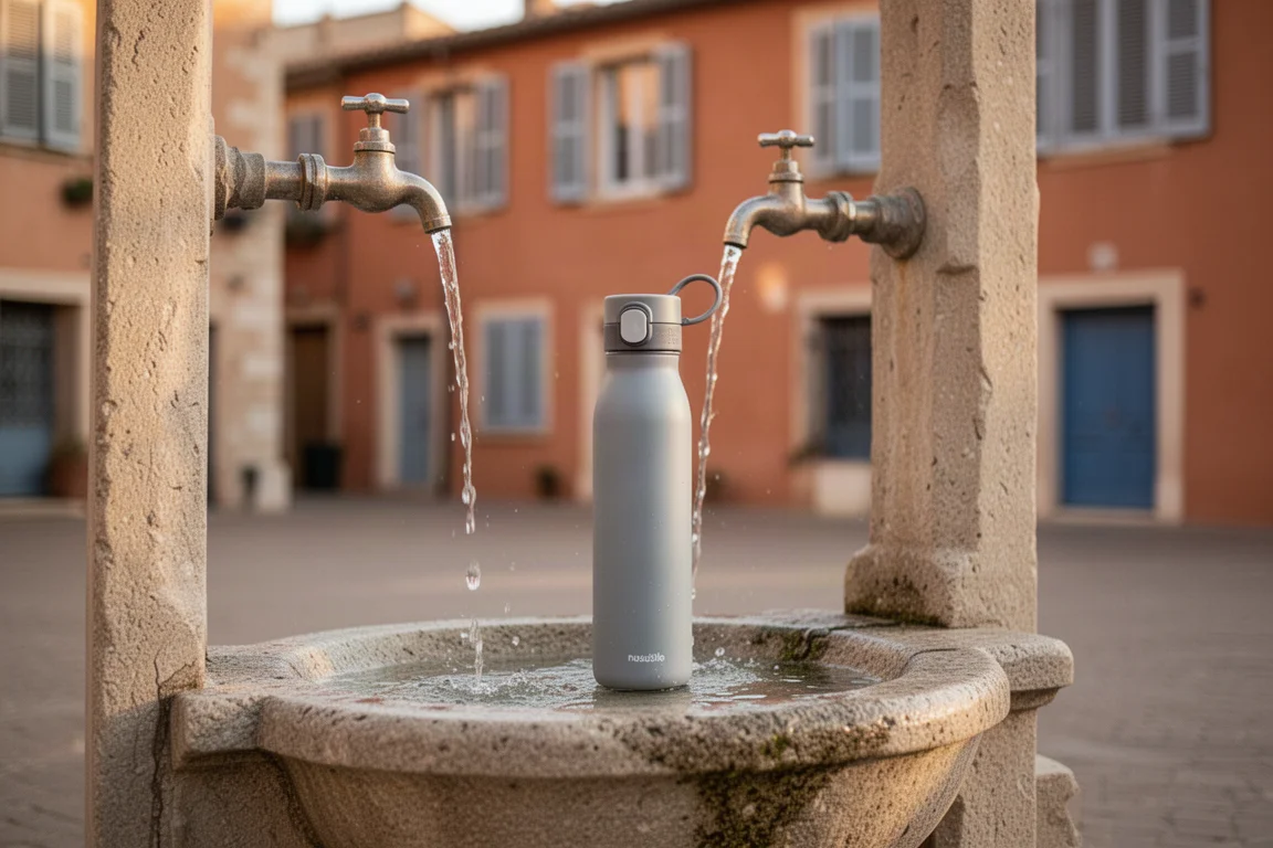 Refillable bottle standing on a stone basin at a public water tap in a sunlit plaza