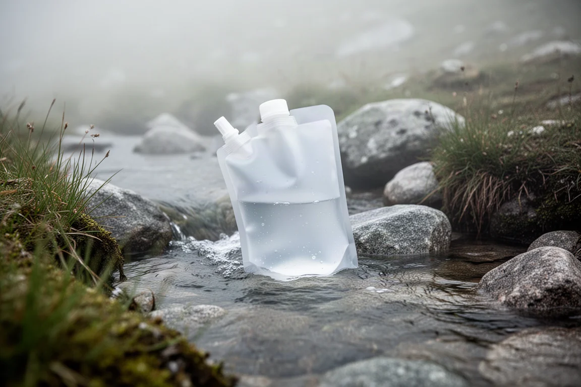 Sacca morbida per l'acqua appoggiata in un limpido torrente alpino tra rocce grigie levigate