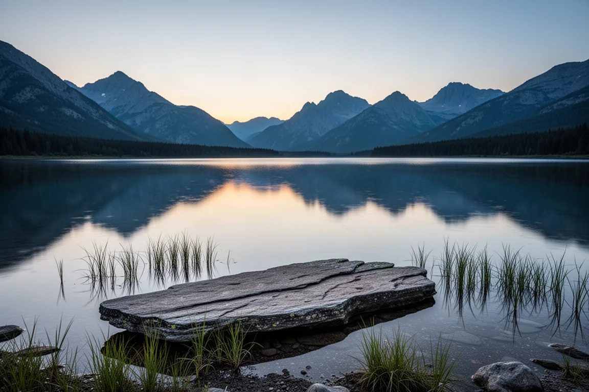 Riva di un lago alpino tranquillo al crepuscolo con acqua immobile che riflette creste lontane