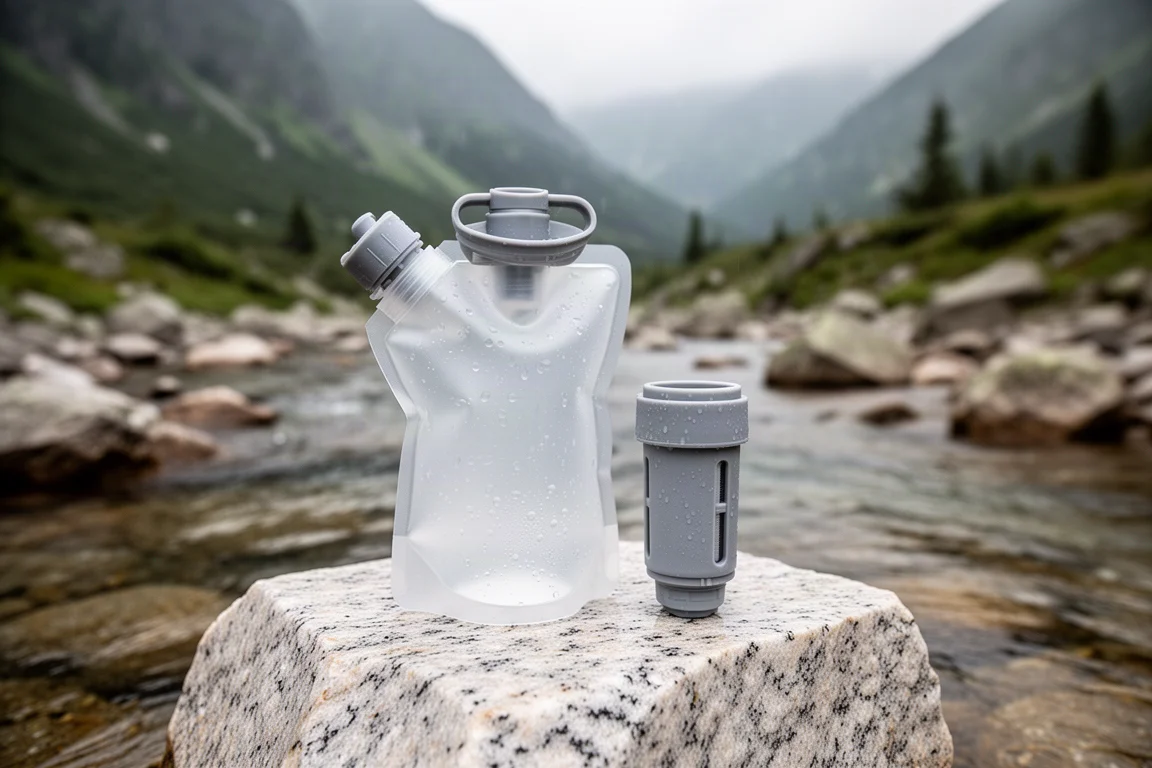 Hollow fiber squeeze water filter and translucent pouch resting on granite beside a mountain stream