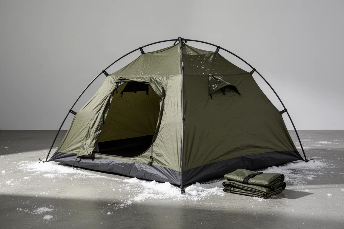 Low-profile military-style tent and folded wind-block panel kit on a snowy concrete surface