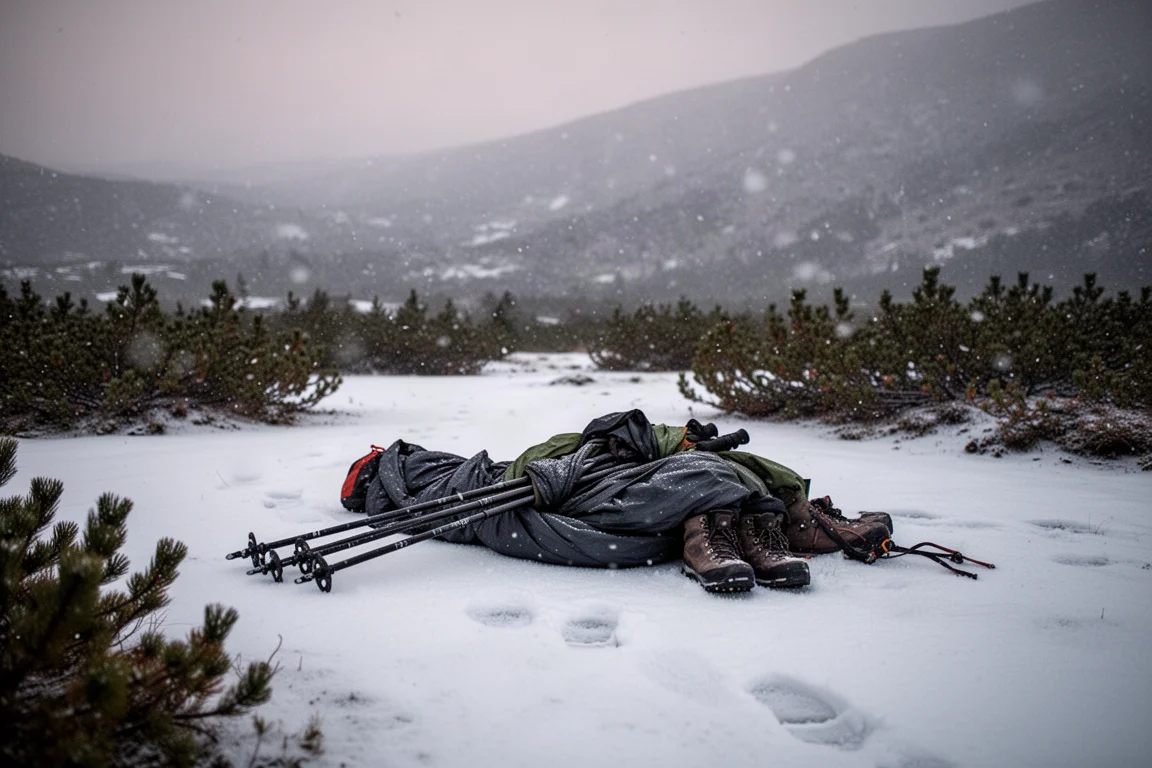 Neve se acumulando em uma clareira alpina com arcos de barraca e tecido dispostos prontos para montagem