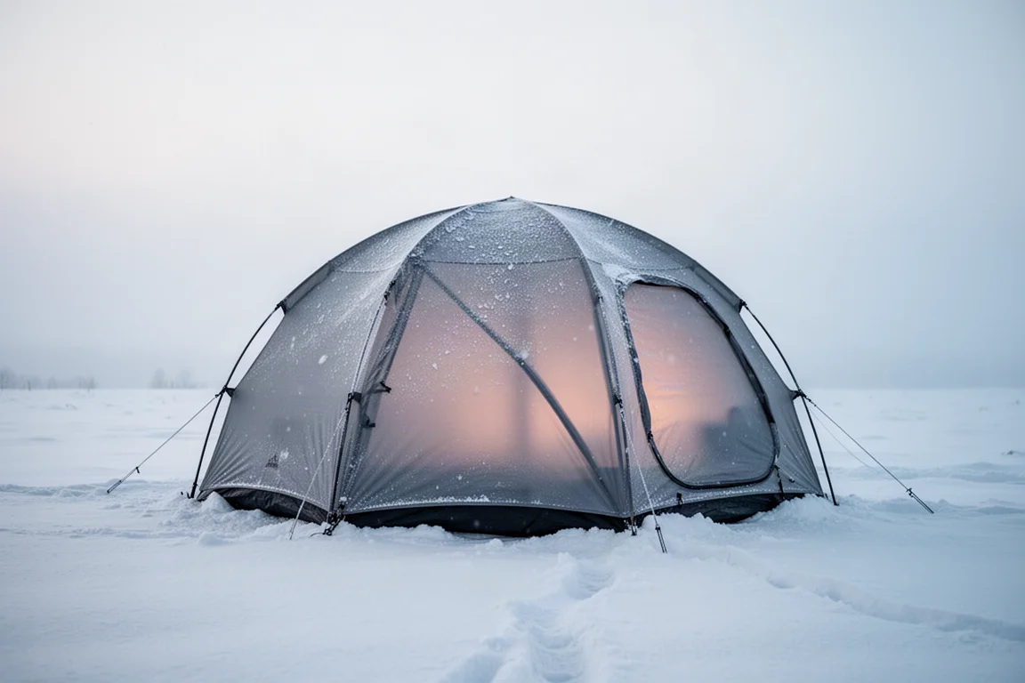 Barraca quatro estações coberta de geada em um acampamento de inverno ao amanhecer