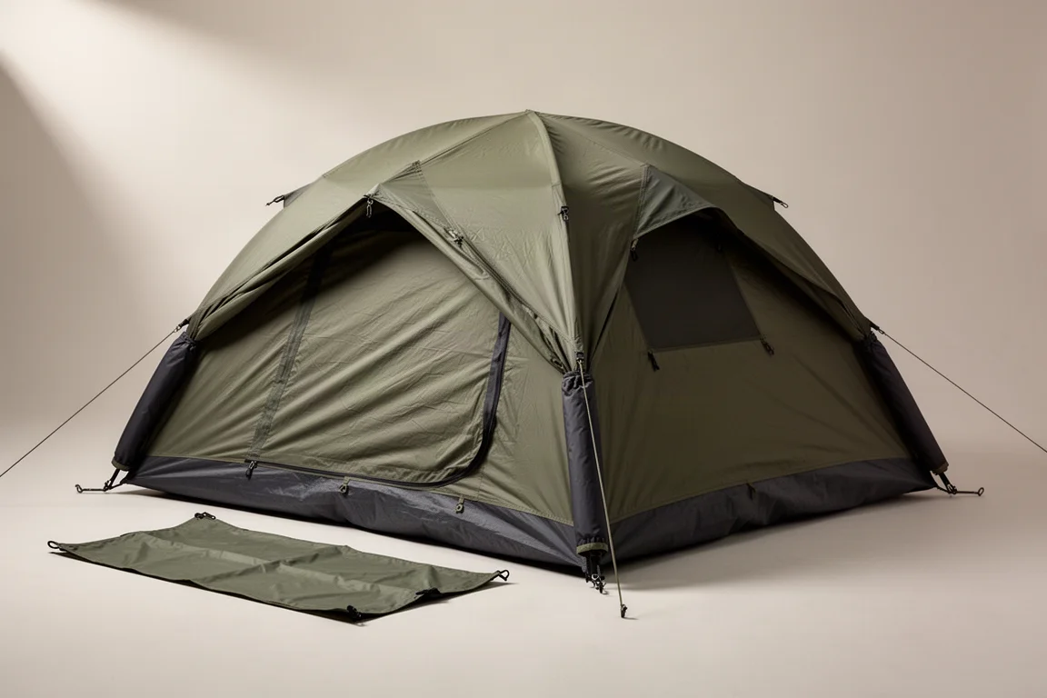 Four season military-style tent with attached fly pitched on a neutral studio backdrop