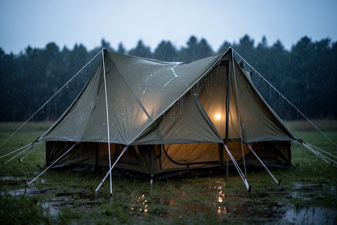 Steady rain falling on a pitched expedition tent in a woodland clearing at dusk