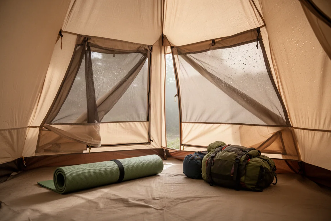 Interior of a spacious double-wall tent with two sleeping pads and gear bags