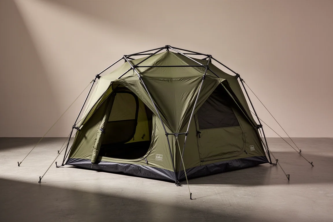 Four-season double-wall expedition tent pitched on a damp gravel clearing under overcast light