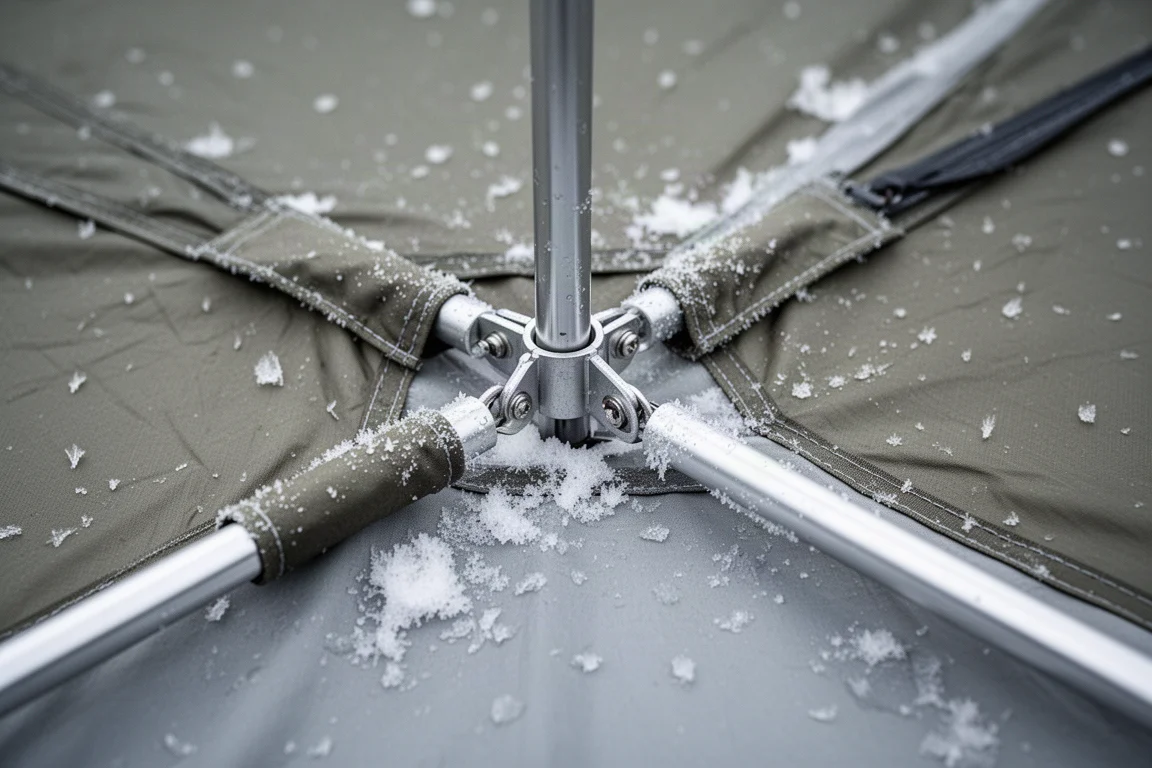 Frost bildet sich am Verbindungsstück einer Außenzeltstange auf schneebedecktem Stoff