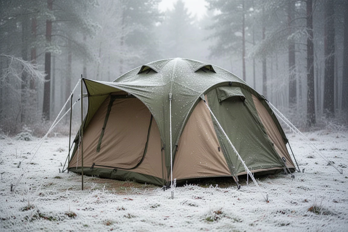 Four-season camouflage expedition tent pitched on a concrete studio floor