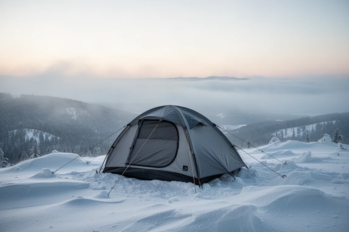 Kleines Zelt auf einem verschneiten Grat im ersten Licht mit Nebel im Tal