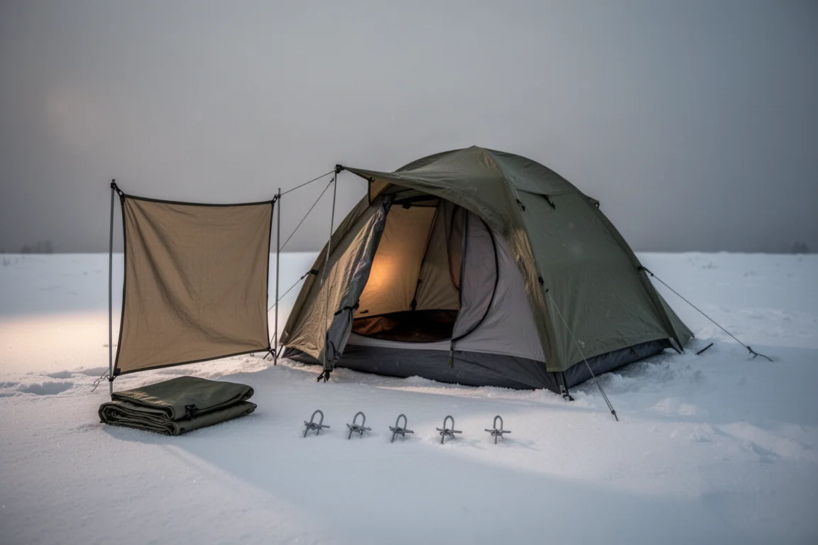 Compact one person tent with folded windbreak panel and snow anchors on snow
