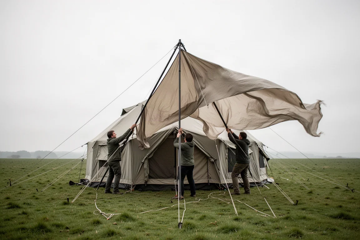 Grupp som reser mittstängerna på ett stort kupoltält för expedition på ett fält